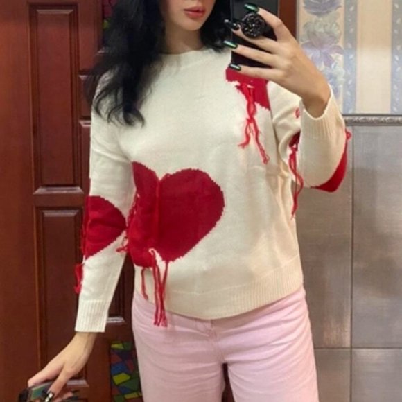 Love One Another Heart Pattern Fringe Trim Sweater - Picture 2 of 9